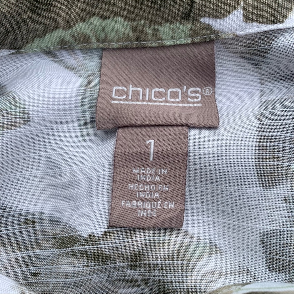 Chico's White Olive Green Leaf Print Blouse Lightweight Tab Sleeve‎ Tunic Size 1 - Picture 4 of 12